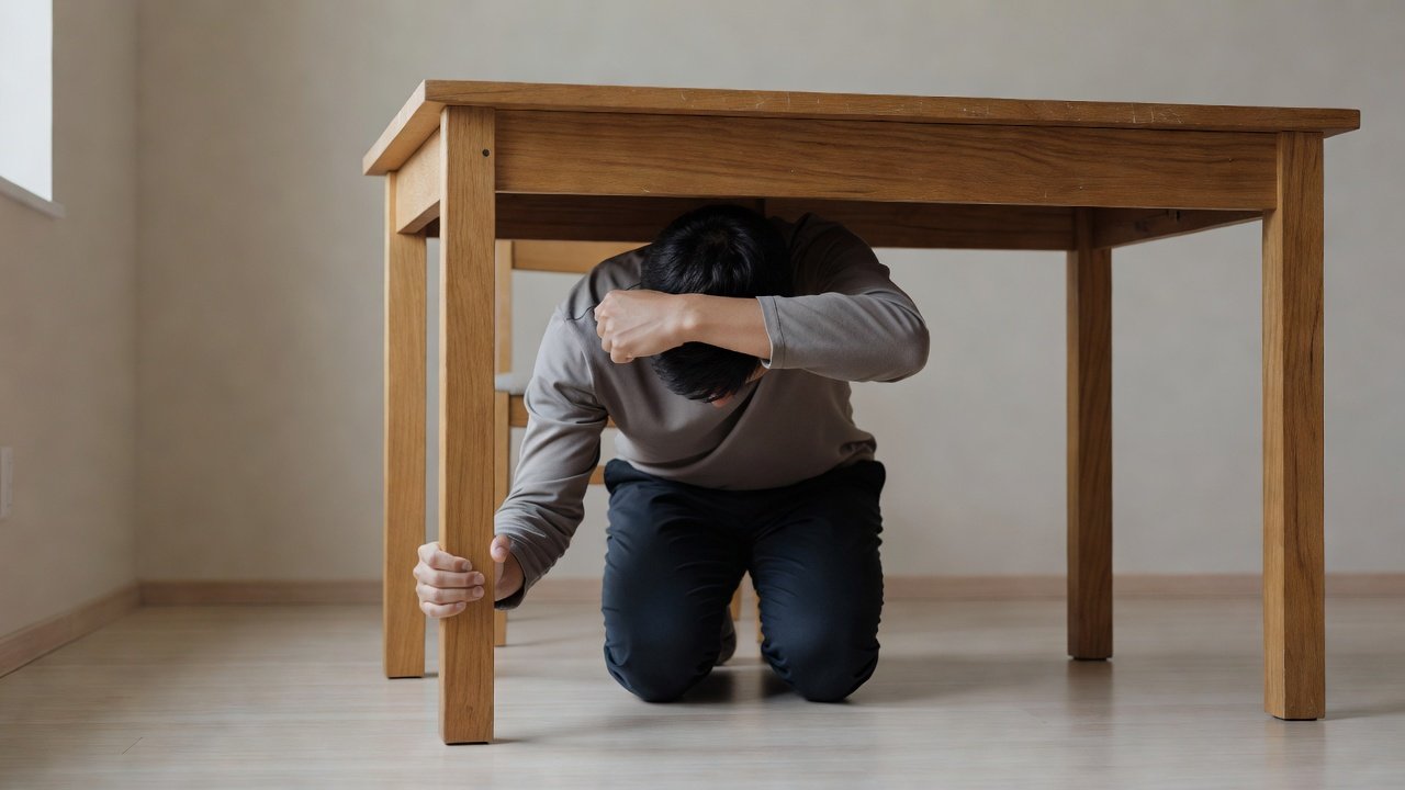 A person crouched beneath a sturdy wooden table holding onto a table leg during an earthquake drill