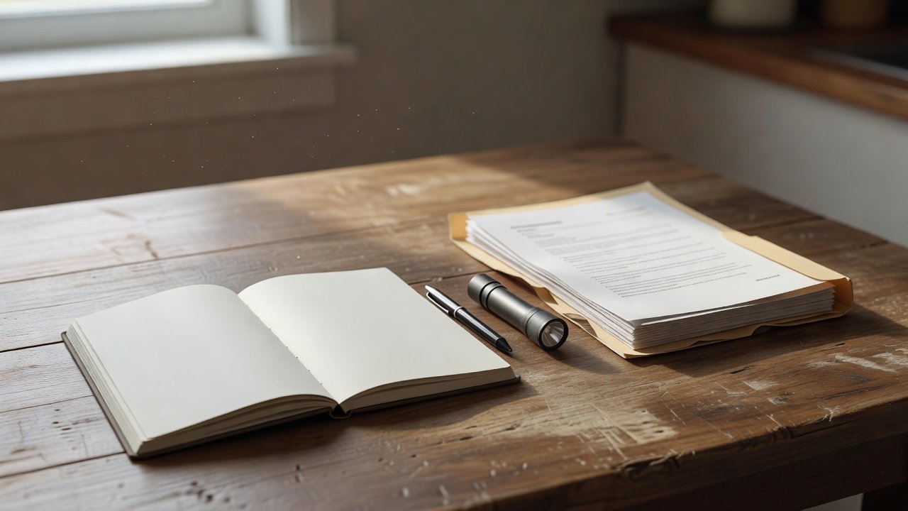 Notebook, pen, flashlight, and a folder of documents laid out on a kitchen table